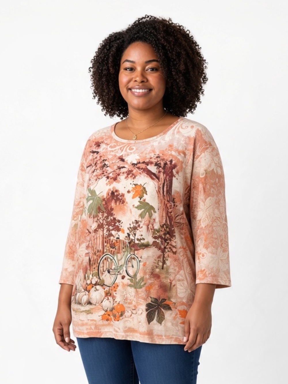 Jason Maxwell Women’s Plus 3/4 Sleeve All-Over Fall Theme Graphic Tee Orange 3X